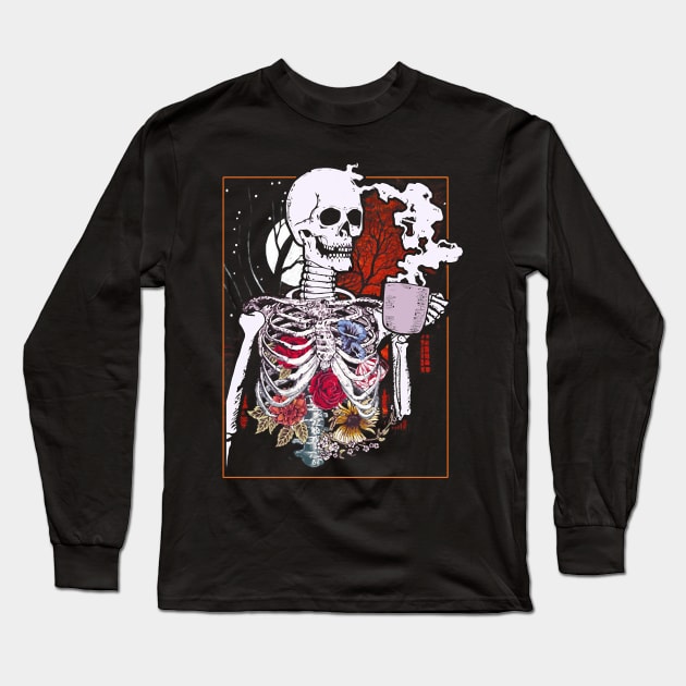 Halloween Coffee Drinking Skeleton Skull Long Sleeve T-Shirt by western.dudeooles